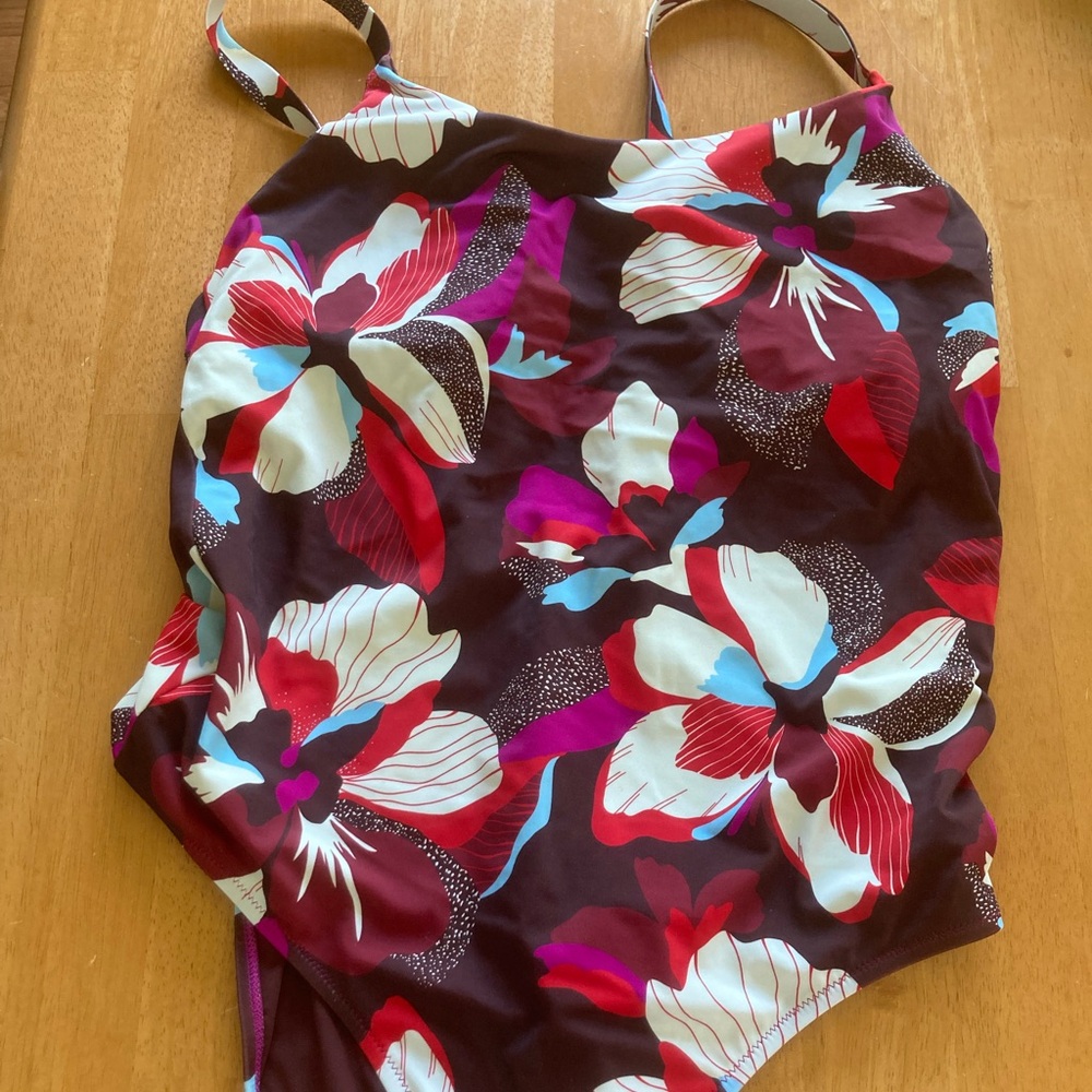 Athleta Red and White One Piece Swimwear with Bold Floral Design